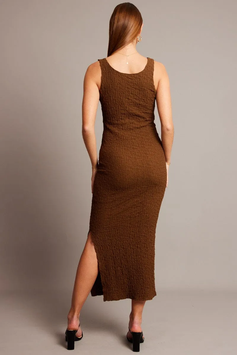 Thick Glow All-Occasion Wear Brown Bodycon Dress Sleeveless Textured