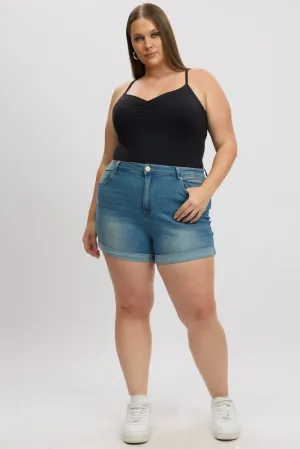Denim Skinny Shorts High Rise Stretched WaterResistant Coating TaglessNeckline