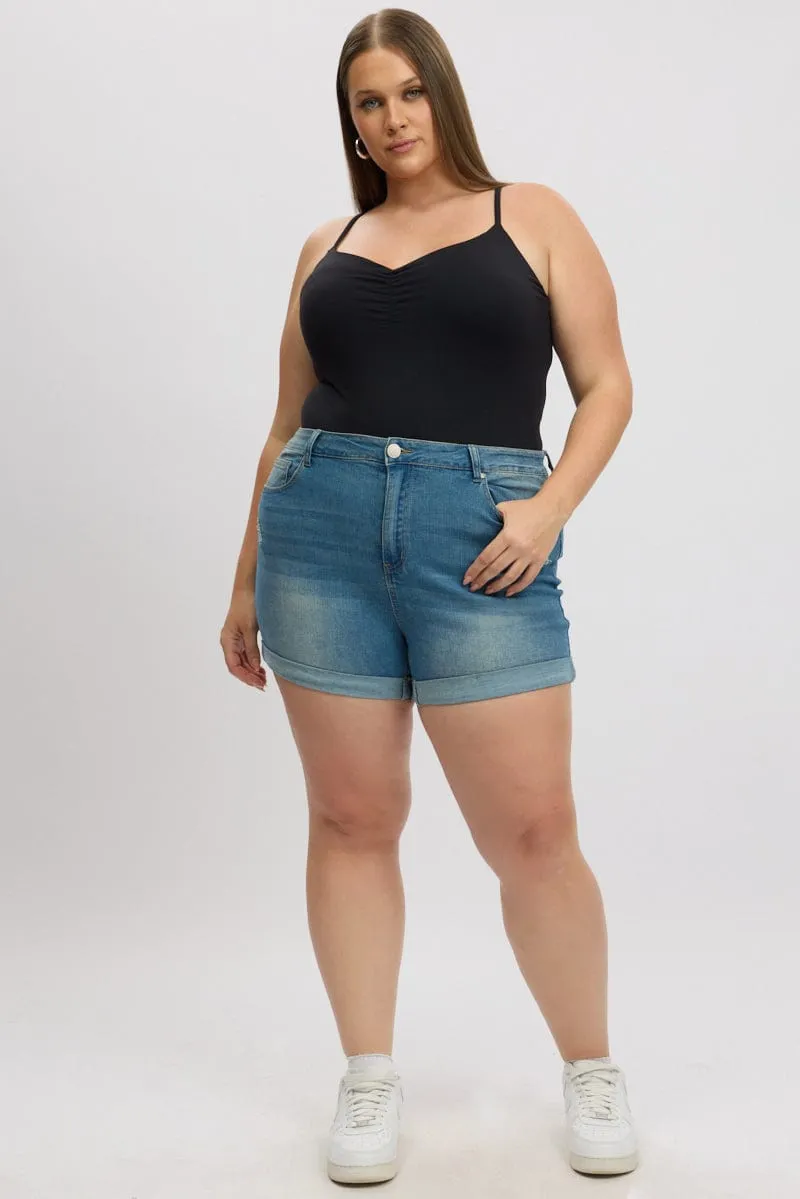 Denim Skinny Shorts High Rise Stretched WaterResistant Coating TaglessNeckline
