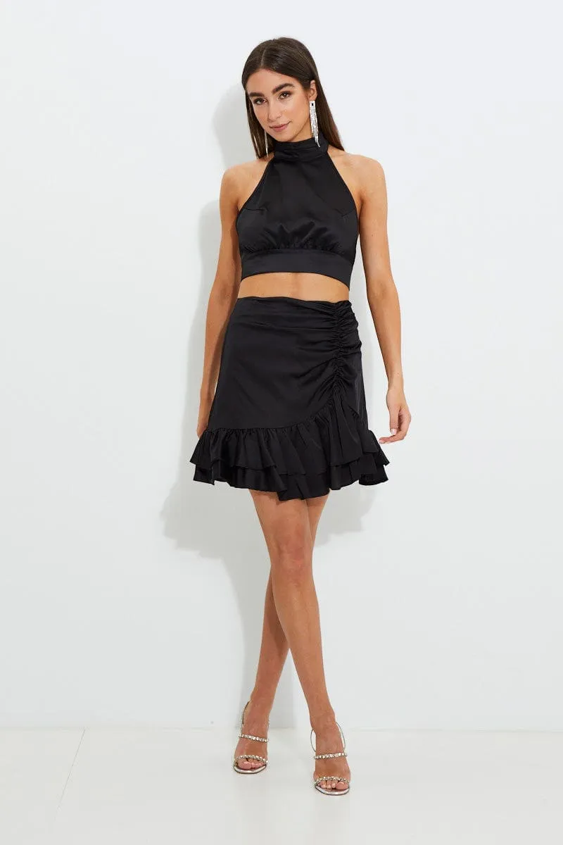 Black Designer Asymmetric Frill Detail Mini Skirt Everyday Favorite