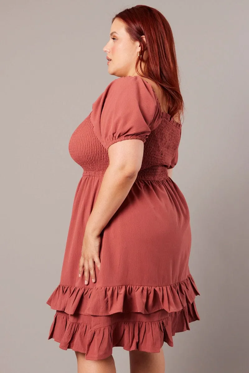 Brown Shirred Mini Dress Sweetheart Neck Girl Power