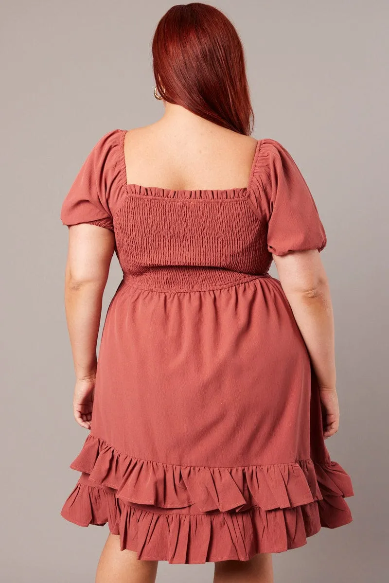Casual day dress Brown Shirred Mini Dress Sweetheart Neck