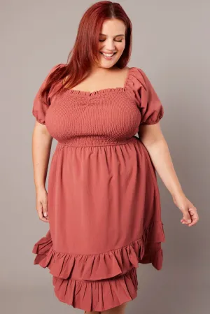 Party Star Brown Shirred Mini Dress Sweetheart Neck