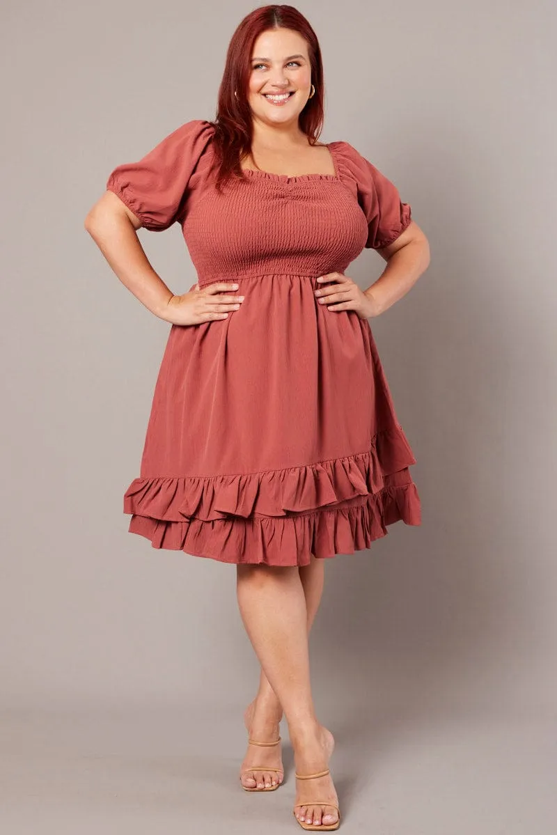Brown Shirred Mini Dress Sweetheart Neck Adjustable Shoulder Straps Comfort Look