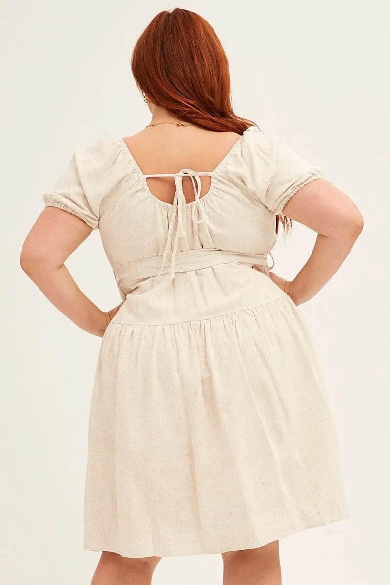 Comfy Fashion Oatmeal Mini Dress Short Sleeve Scoop Neck Linen Blend