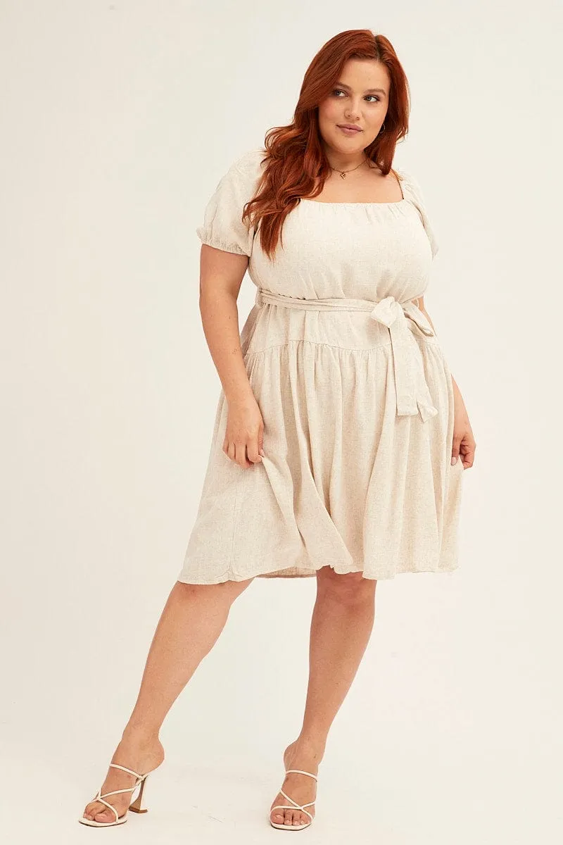 Vibrant Design Stage Warm Oatmeal Mini Dress Short Sleeve Scoop Neck Linen Blend