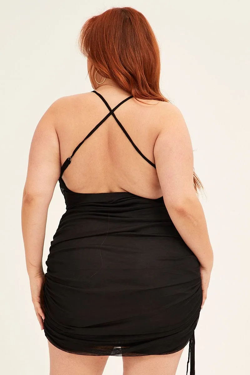 Youth Glow Black Mini Dress Cross Back Ruched Bodycon Mesh