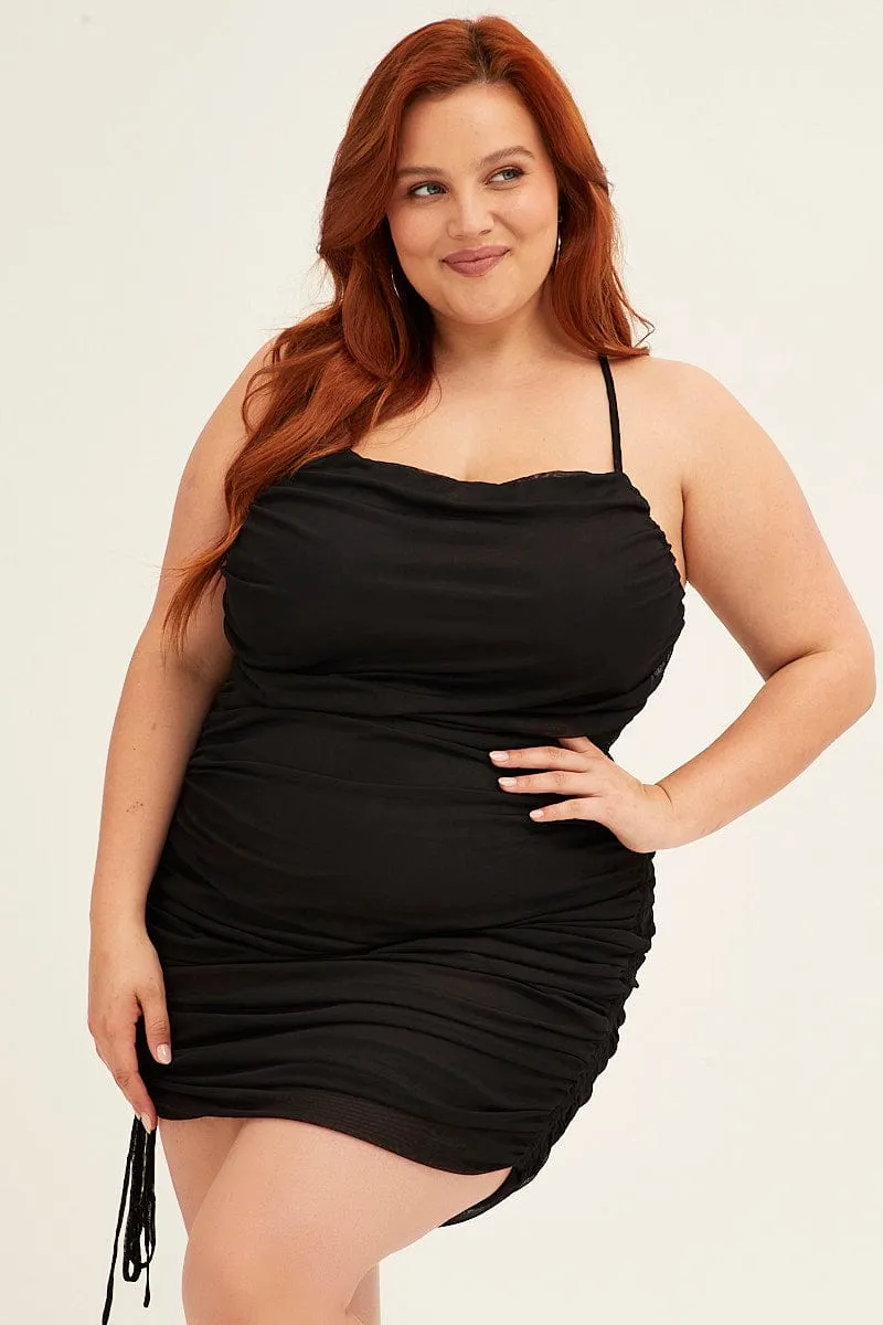 Urban Pop Black Mini Dress Cross Back Ruched Bodycon Mesh