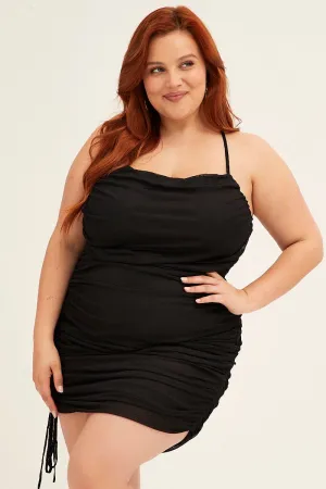 Urban Pop Black Mini Dress Cross Back Ruched Bodycon Mesh