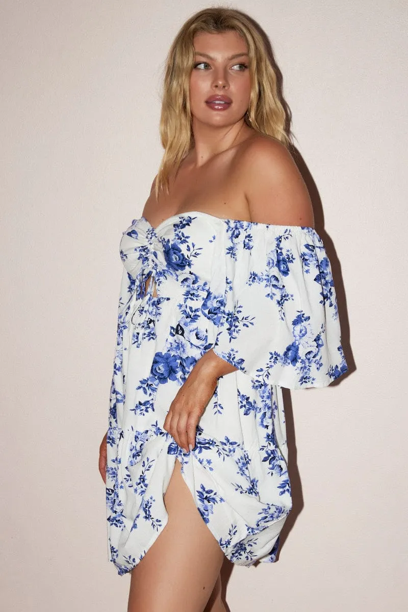 Party Star Blue Floral Drawstring Front Puff Sleeve Mini Dress