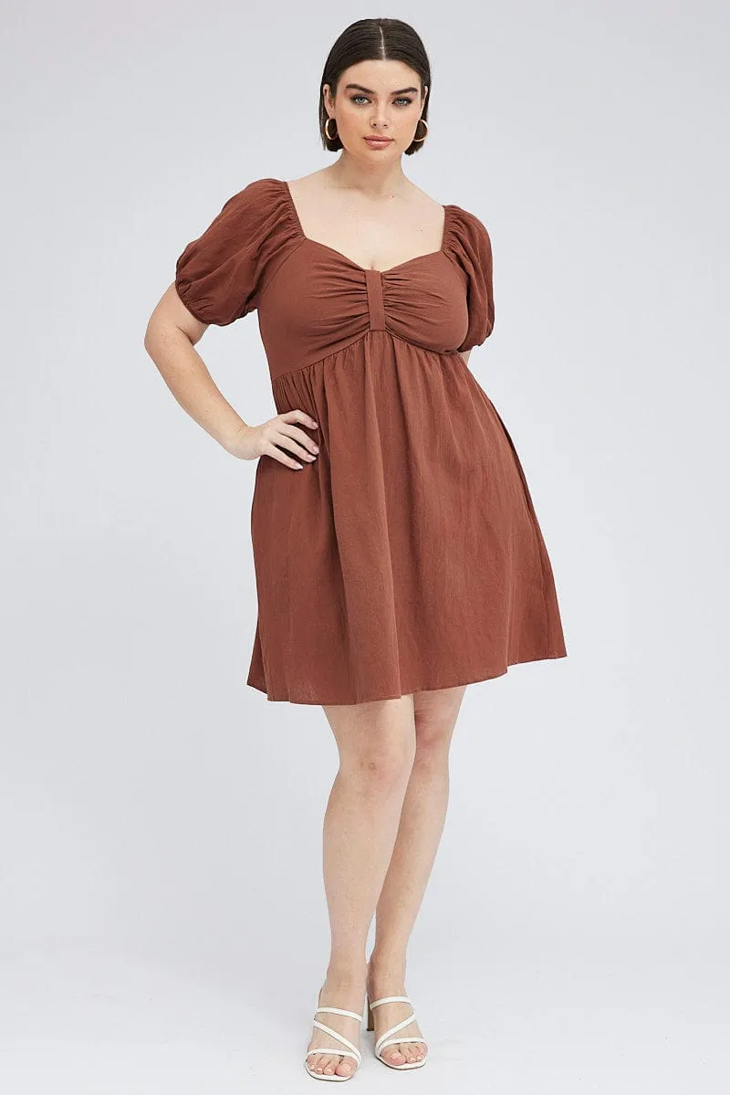 Brown Mini Dress Tab Front Pockets Floral Appeal