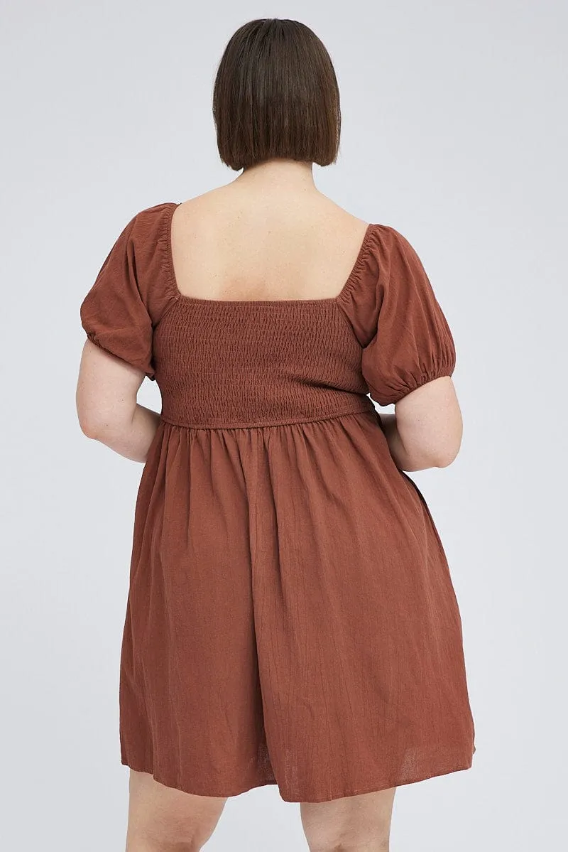 Brown Mini Dress Tab Front Pockets Stage Star Close Wrap