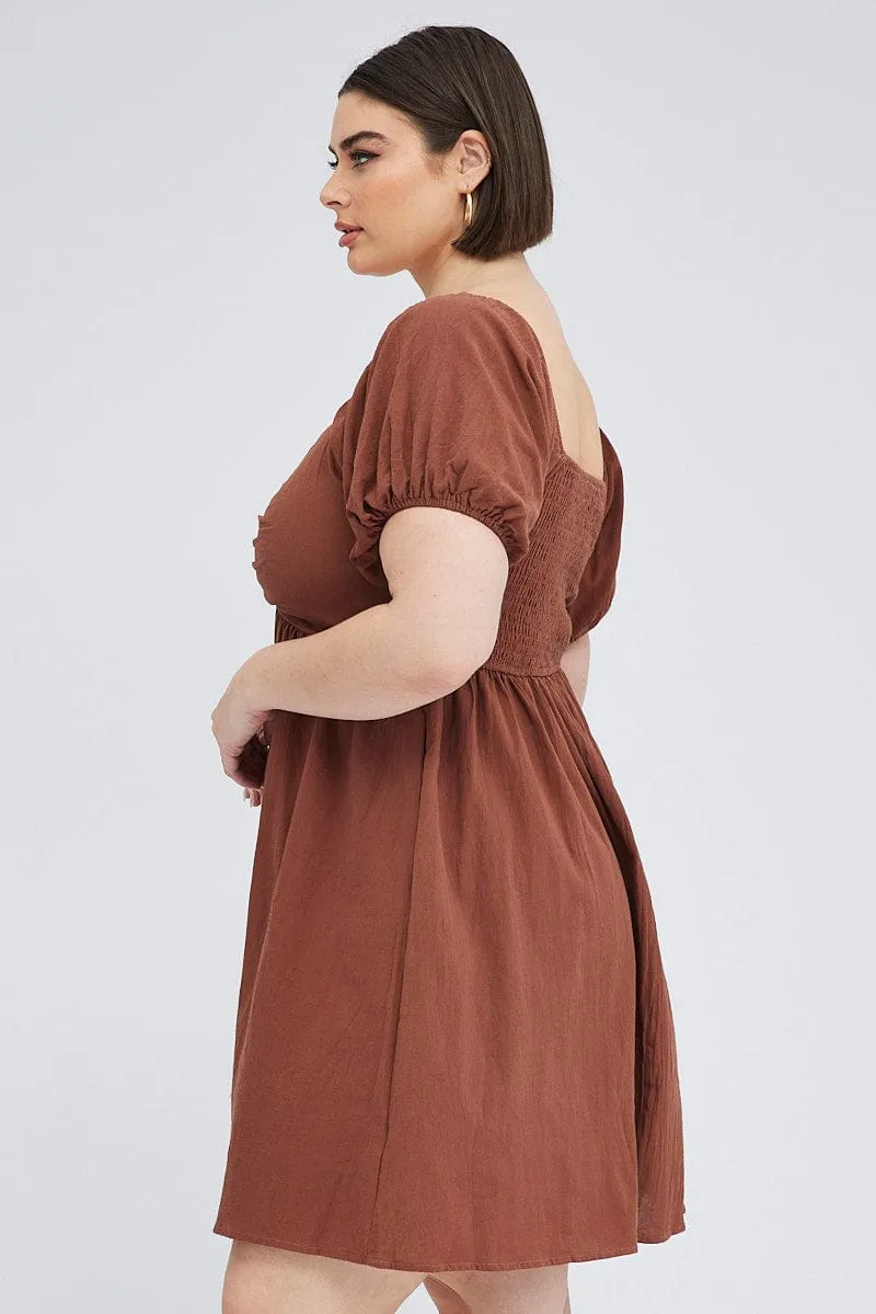 Brown Mini Dress Tab Front Pockets Glow Fresh Fashionable above-the-knee gown