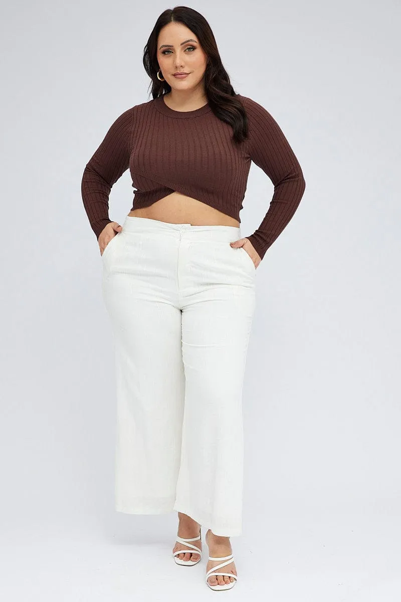 White Wide Leg Pants Linen Blend Button Front Trendy Vibe Fashionable Waist