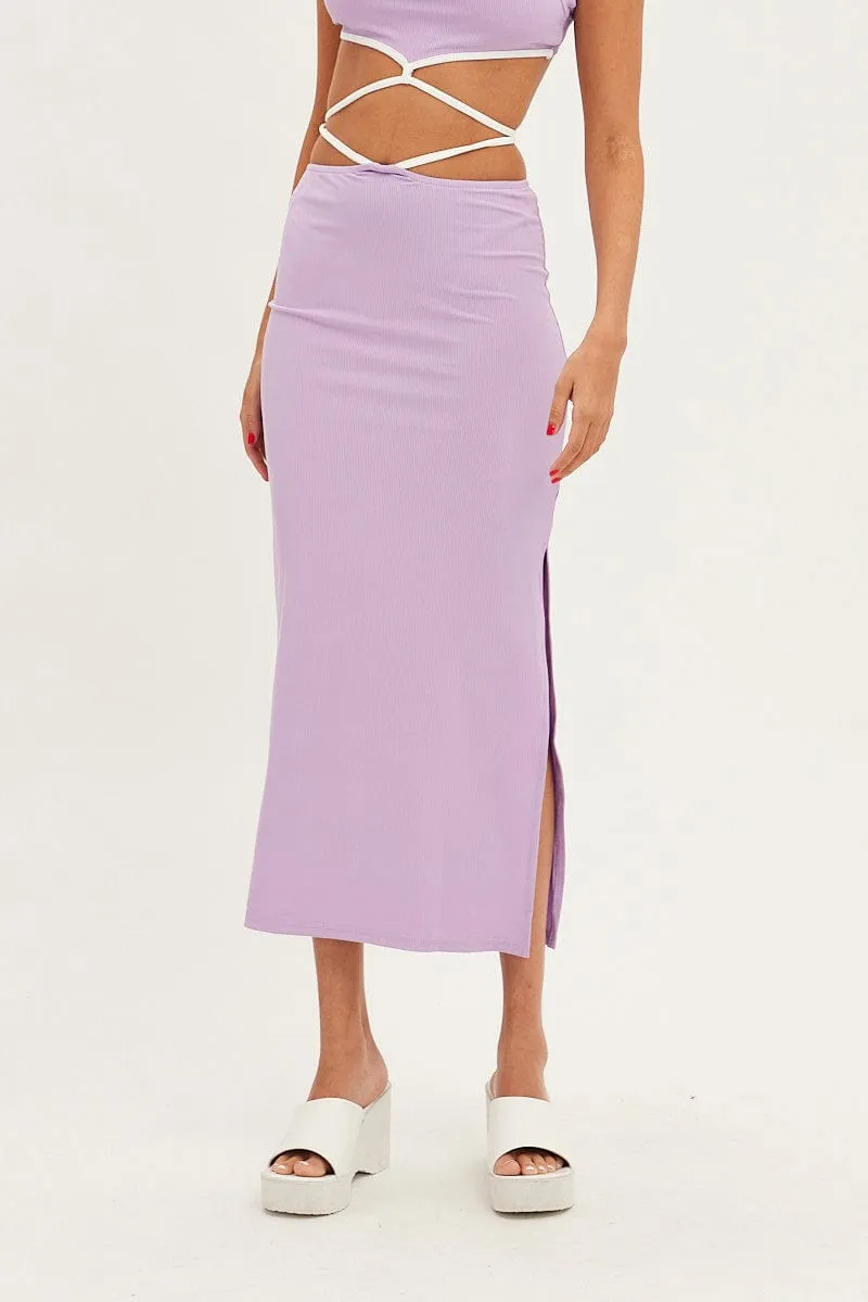Purple Midi Skirt Bodycon Tie Contrast Ribbed High Rise