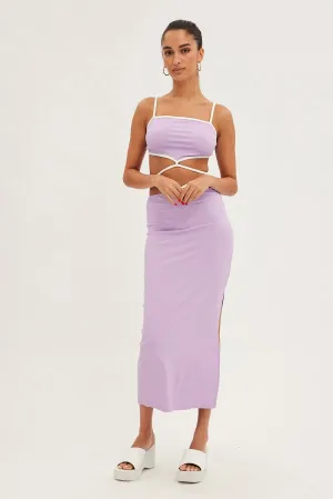 Purple Midi Skirt Bodycon Tie Contrast Ribbed Tiered Layers