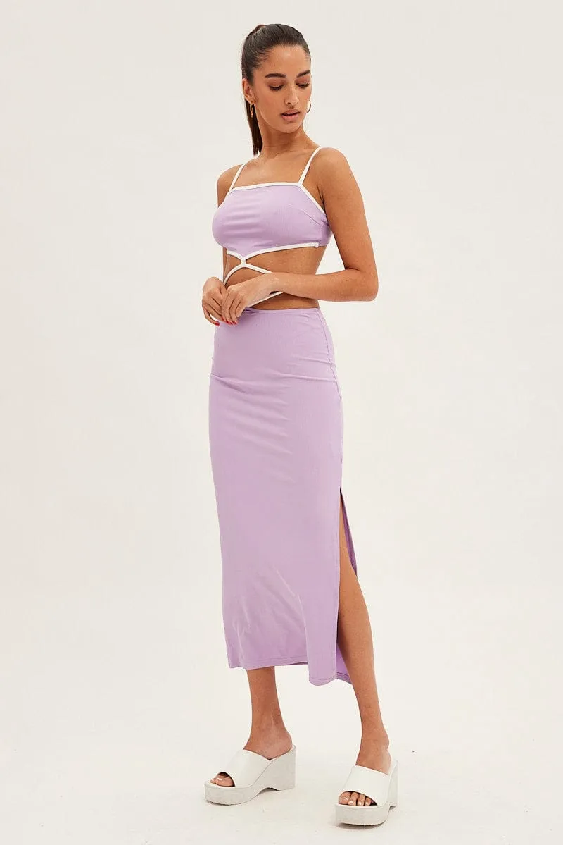 Business Meeting Purple Midi Skirt Bodycon Tie Contrast Ribbed