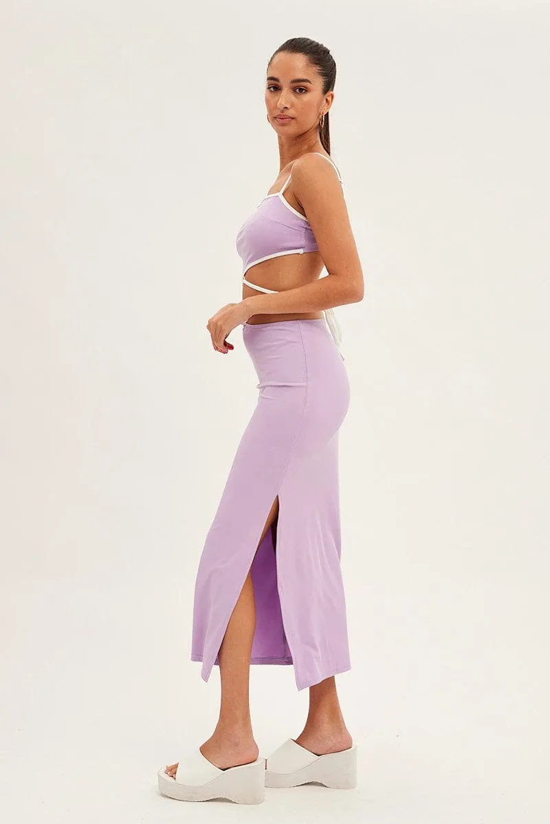 Purple Midi Skirt Bodycon Tie Contrast Ribbed Seamless Finish Runway Inspired