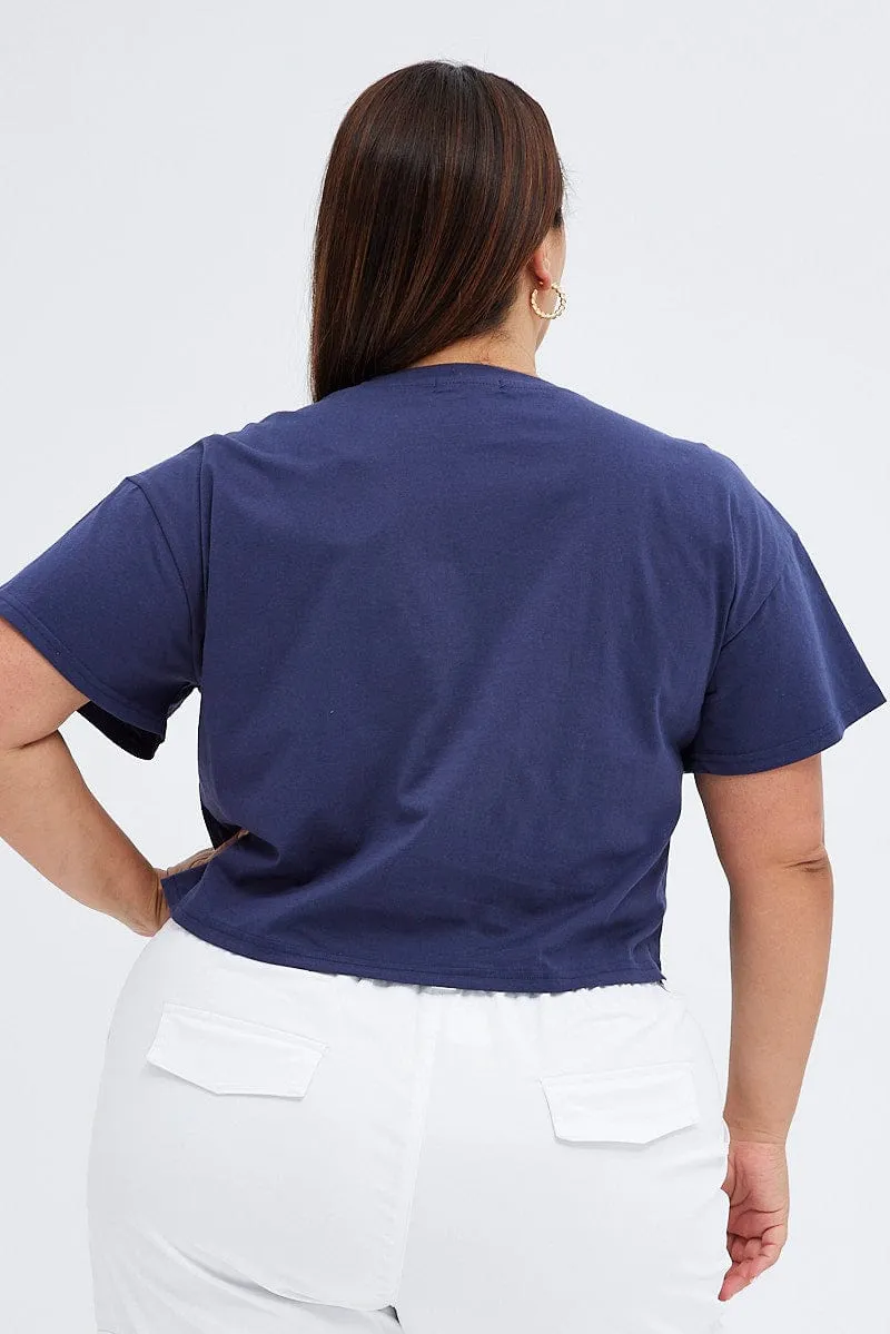 Perfect Layering Blue Graphic T-shirt Brooklyn Shield Crop Cotton