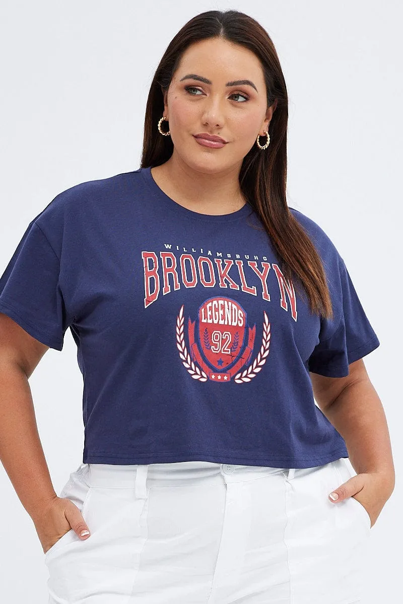 Everyday Wearable Blue Graphic T-shirt Brooklyn Shield Crop Cotton