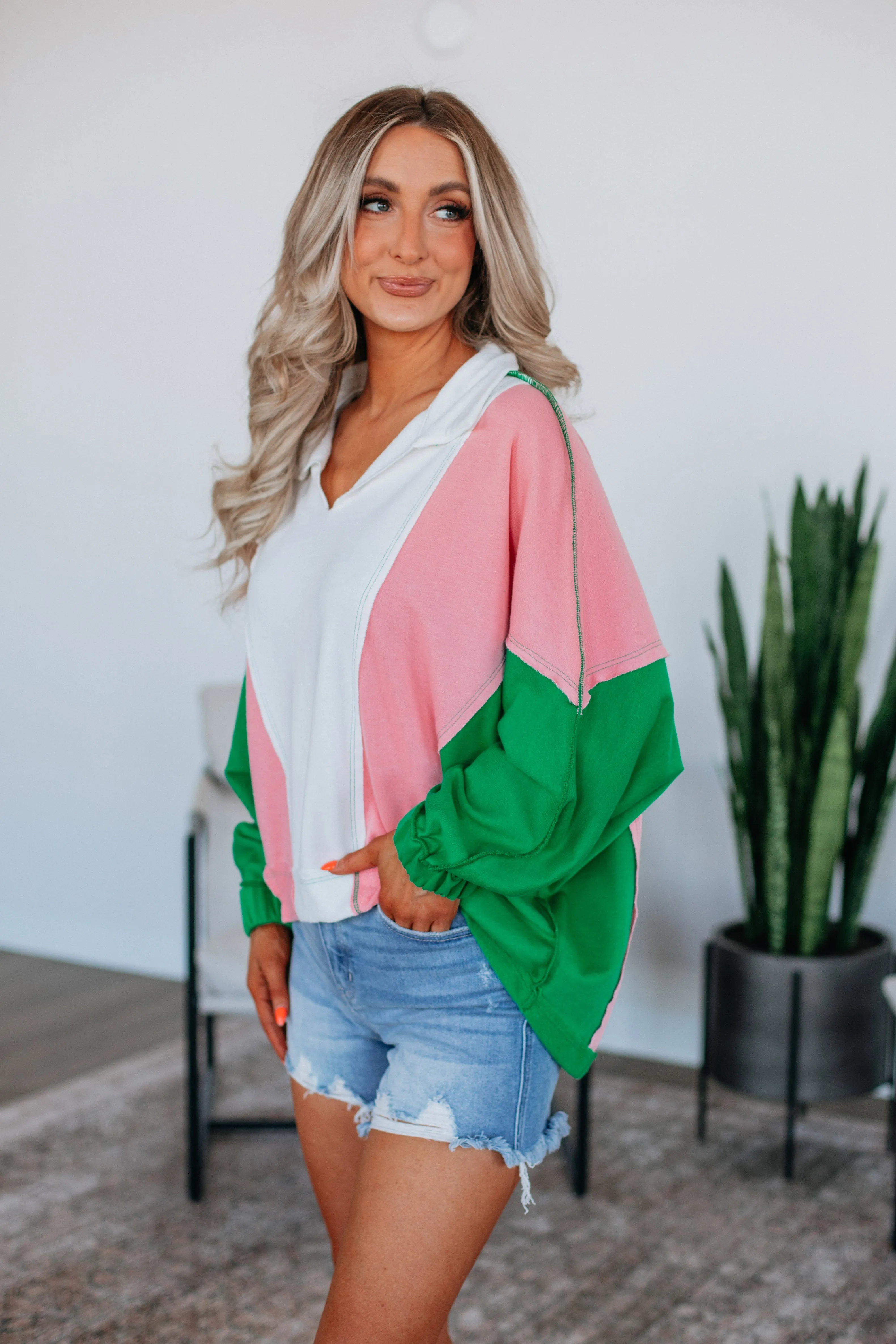 Stretchable Waistband Vanya Oversized Pullover - Kelly Green Mix