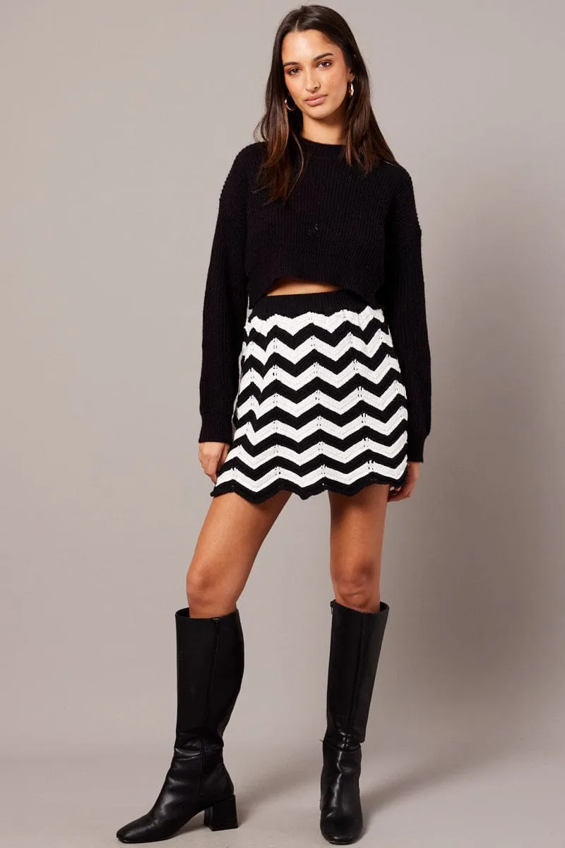 Black Stripe Knit Skirt Mini Drawstring closure