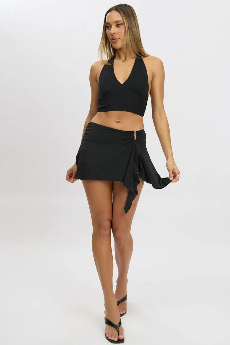 Delicate Texture Relaxed Outfit Black Mini Skort Skirt Mid Rise Buckle Detail High Low