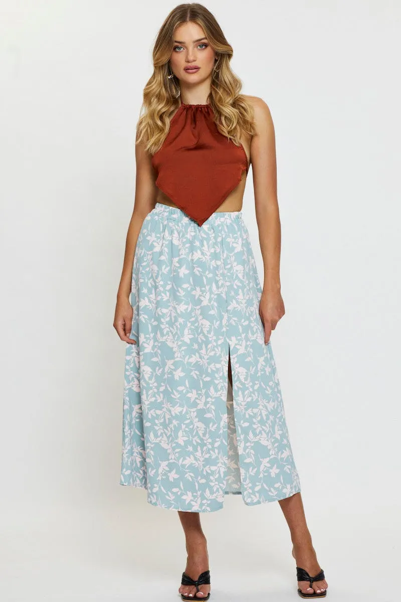 Print Midi Skirt Front Slit Linen blend