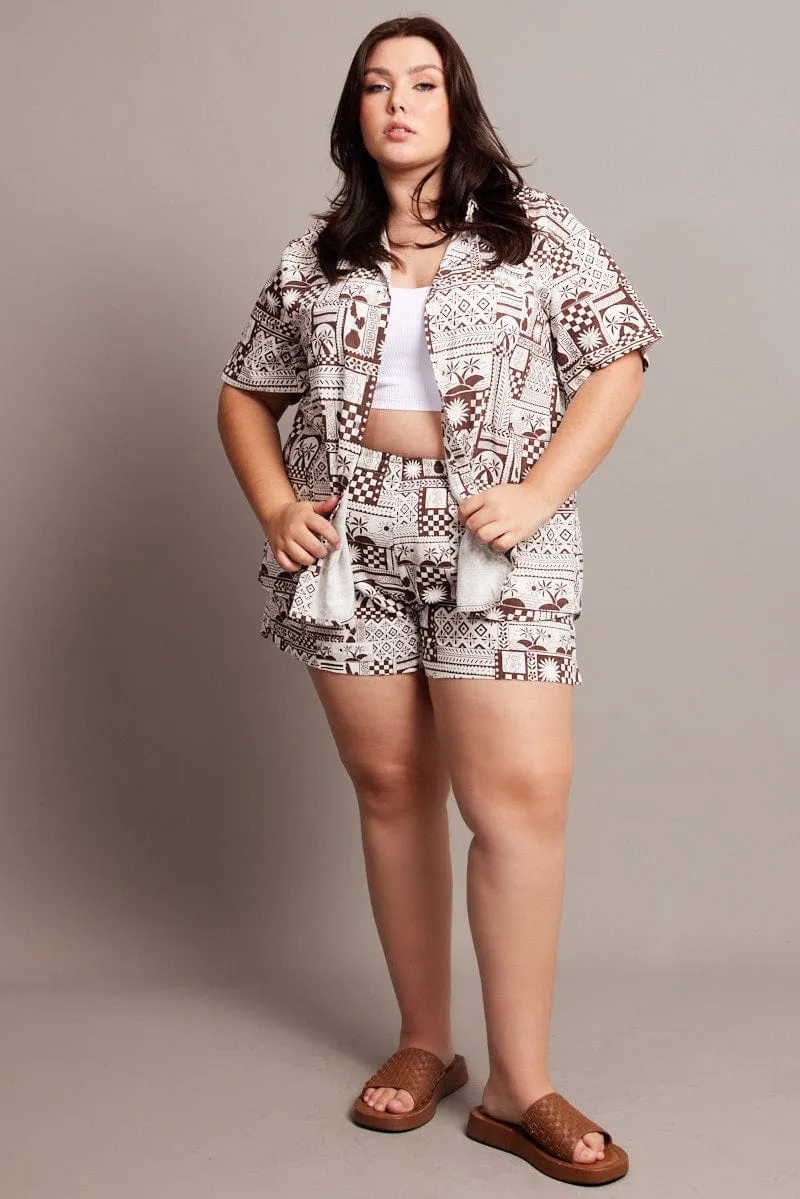 Beige Abstract Relaxed Shorts High Rise Comfortable Jacket
