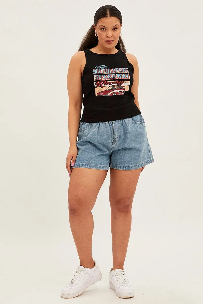 DoubleLayeredHem Black Graphic Tank Top Crew Neck
