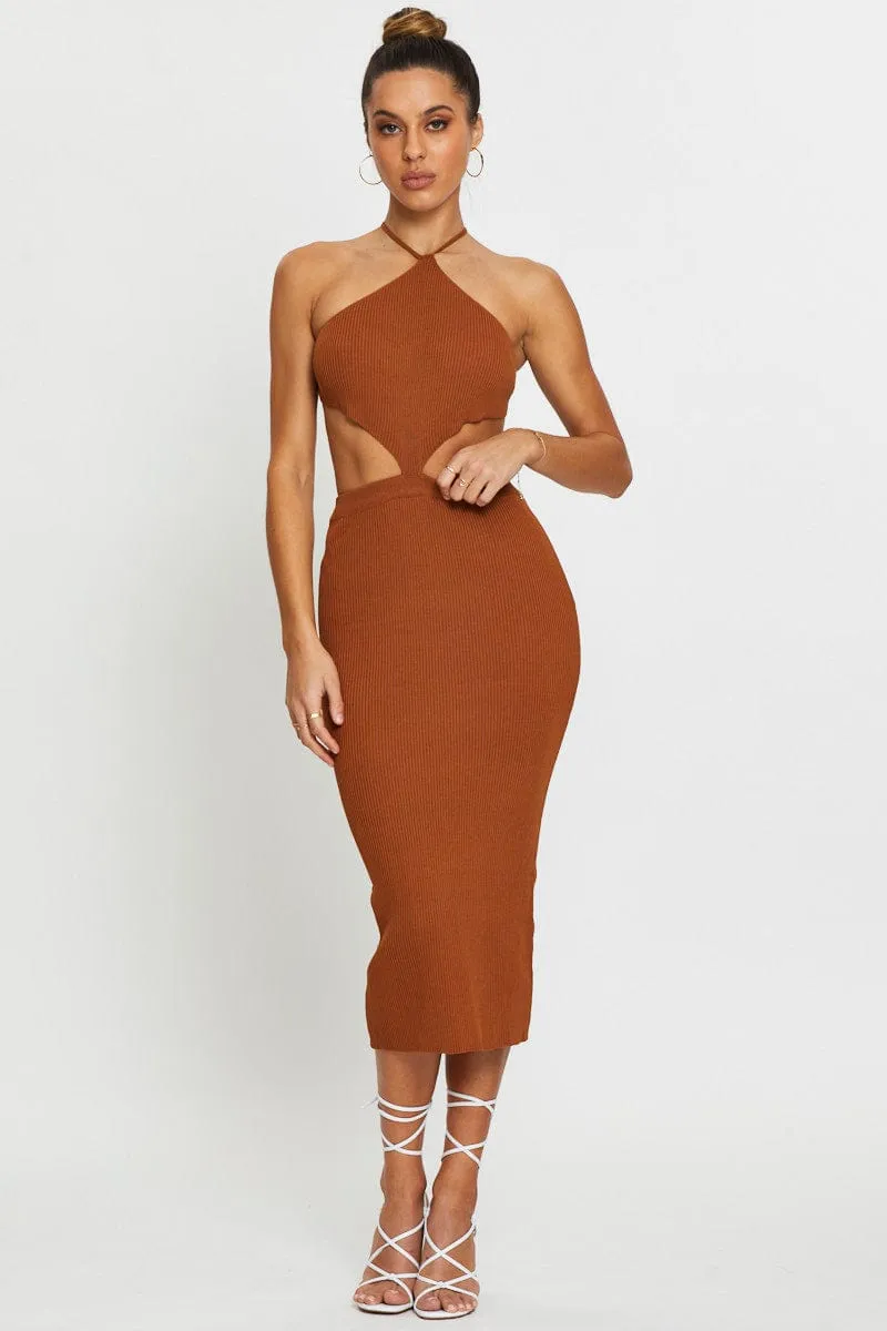 Relaxing Design Brown Knit Dress Halter Neck