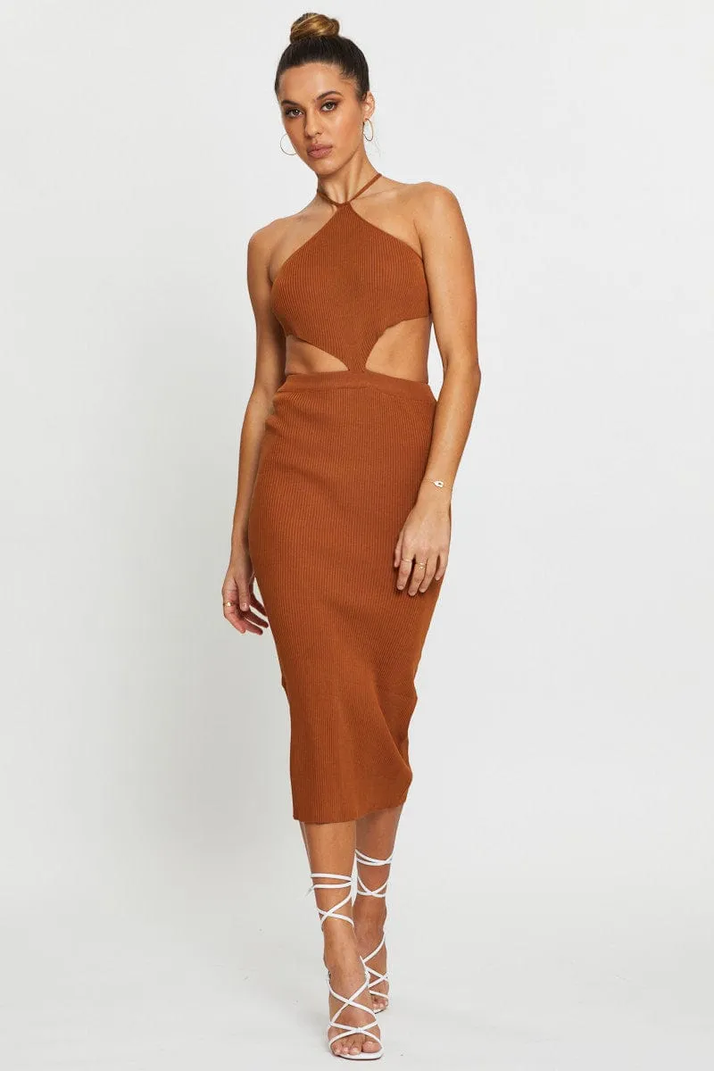 Brown Knit Dress Halter Neck MultiPanelDesign