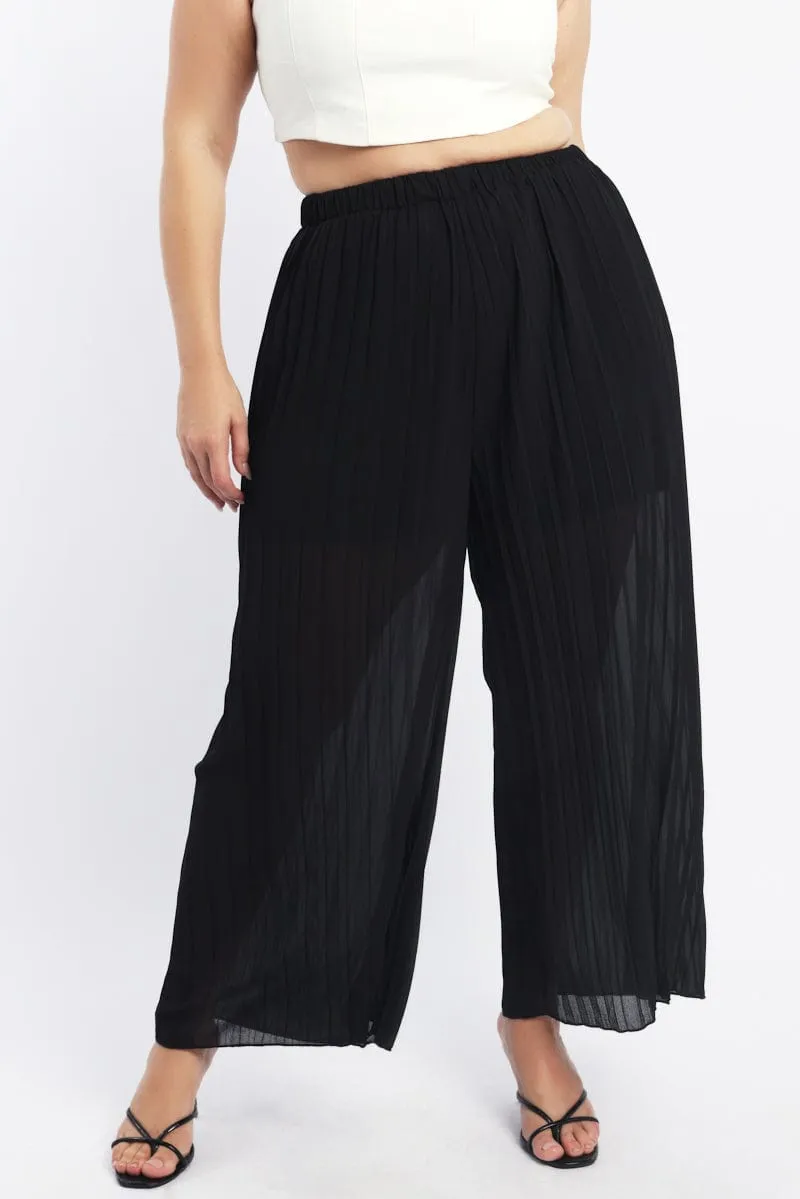 Black Pleat Wide Leg Pants Stretchable Fabric