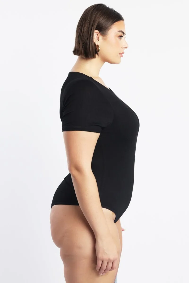 Black Bodysuit Short Sleeve Crew Neck Modal Street Fashion