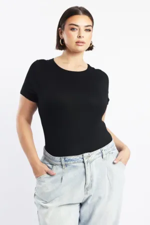Black Bodysuit Short Sleeve Crew Neck Modal MoistureWicking Technology