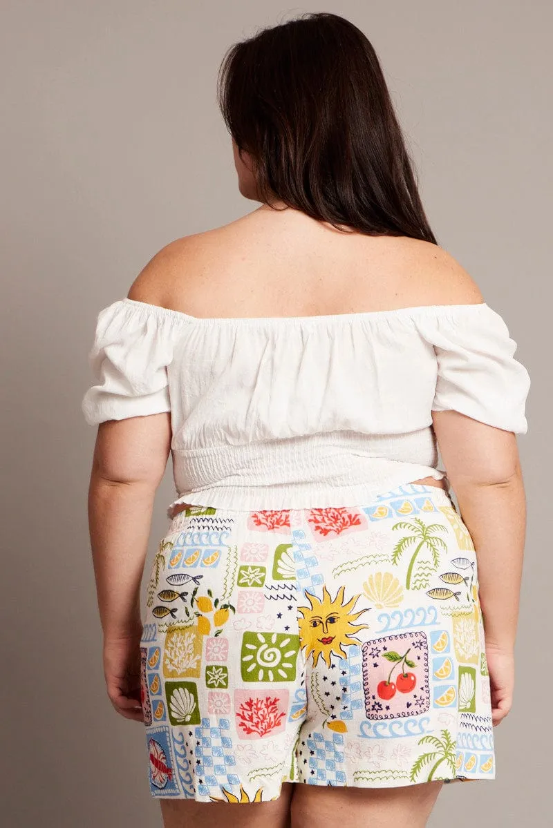 Multi Abstract Elastic Waist Linen Blend Shorts NonIrritating