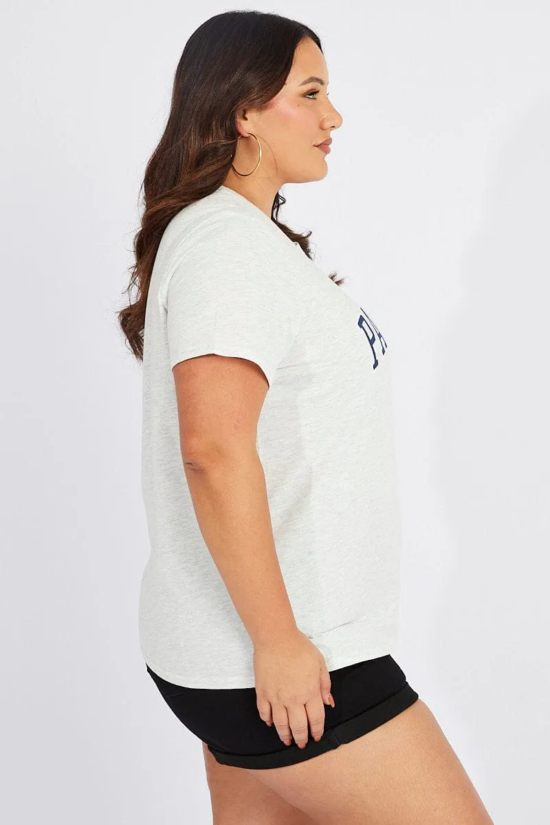 Grey Graphic T-shirt Short Sleeve Crew Neck Ribbed Collar Design