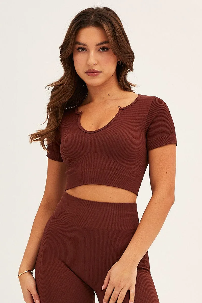 Brown Seamless Activewear Short Sleeve Top OdorControl Treatment