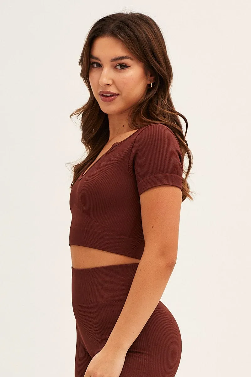 Shimmer Core Brown Seamless Activewear Short Sleeve Top