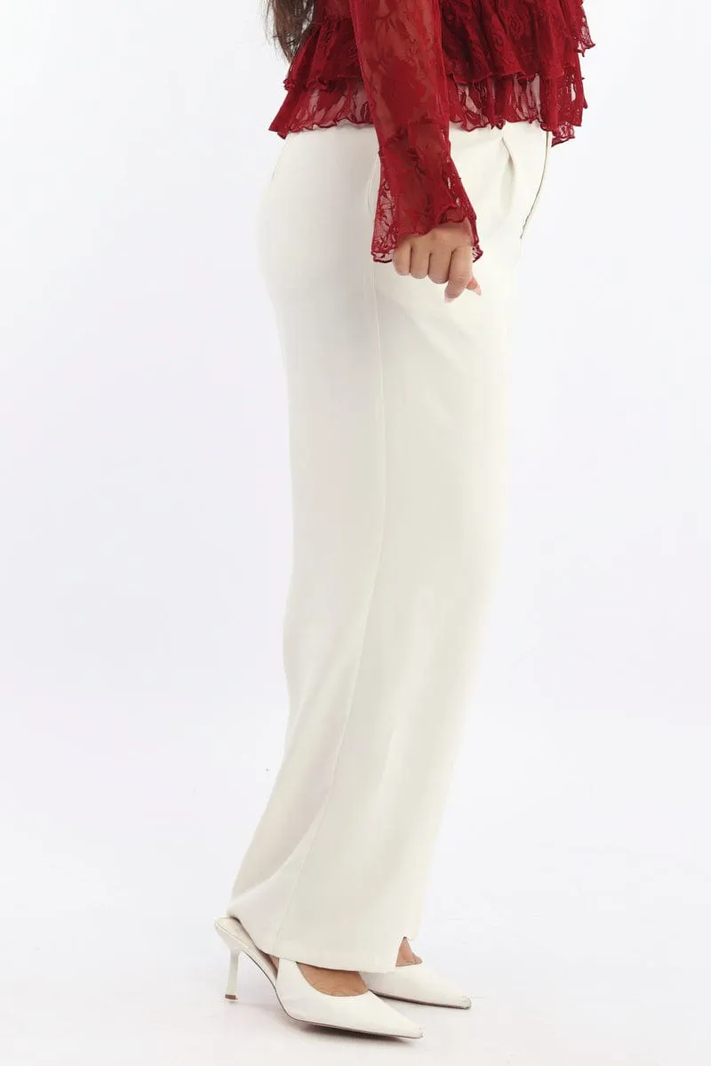 Chic Design Layered Wear Beige High Rise Wide Leg Tailored Pants
