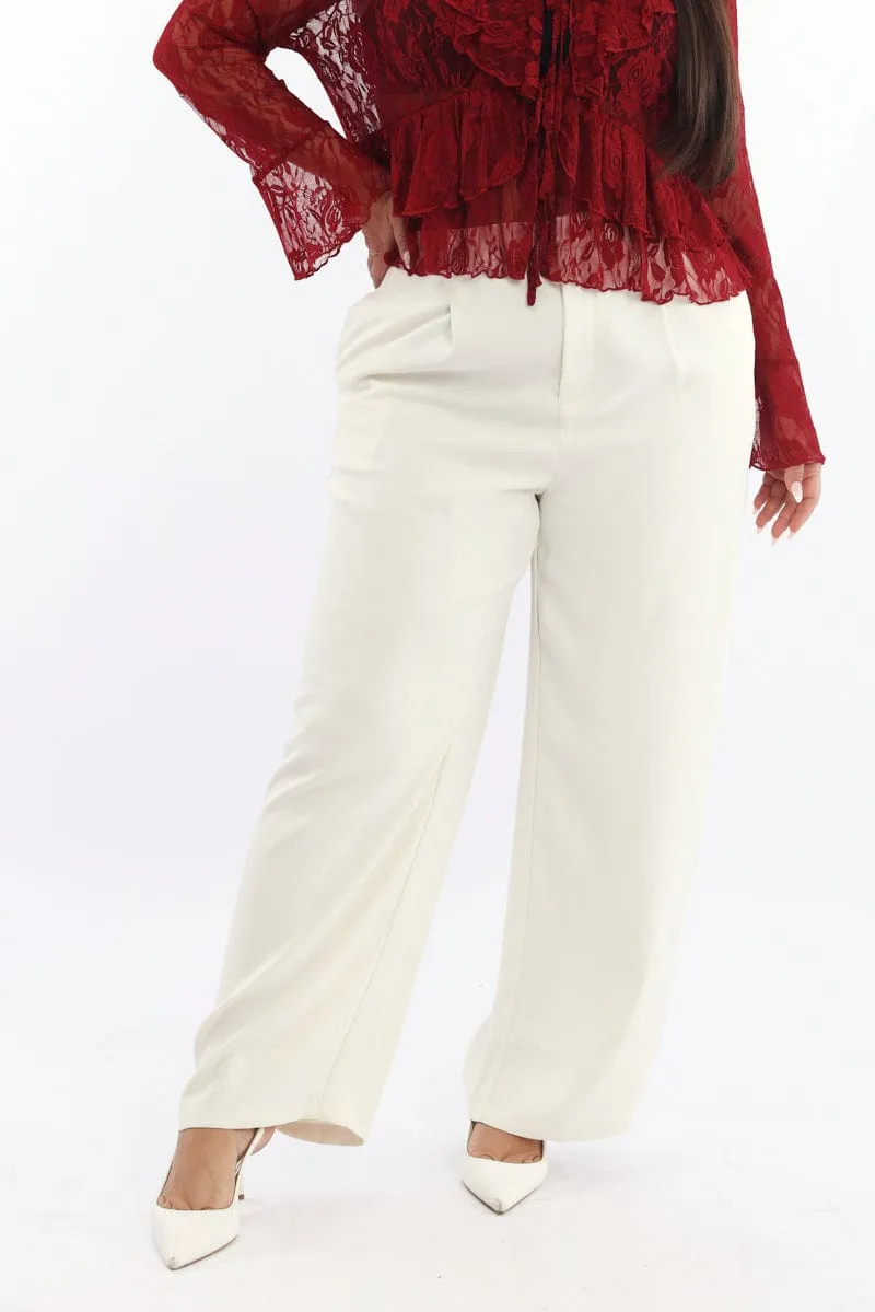 Beige High Rise Wide Leg Tailored Pants Soft Fabric