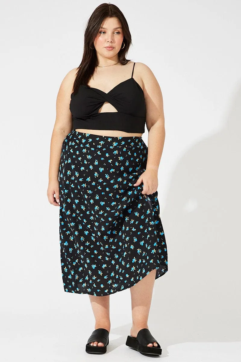 Black Ditsy Split Front Midi Skirt Ditsy Print Modern Outfit