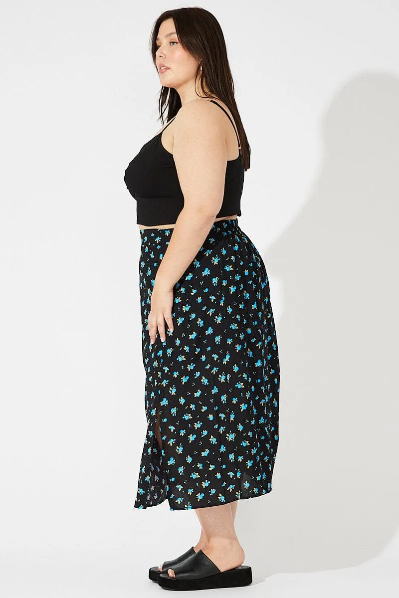 Travel Style Black Ditsy Split Front Midi Skirt Ditsy Print
