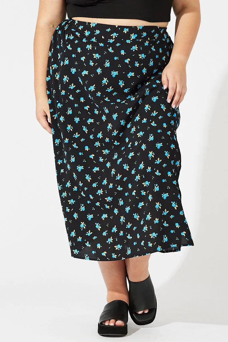 Black Ditsy Split Front Midi Skirt Ditsy Print Moisture Wicking Textile Outfit Mix