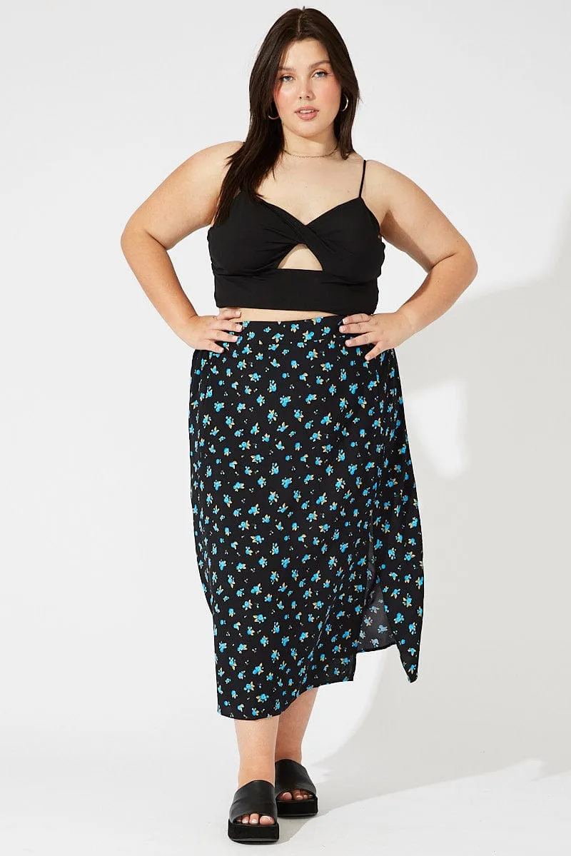 Black Ditsy Split Front Midi Skirt Ditsy Print Fresh Mood Striped Design