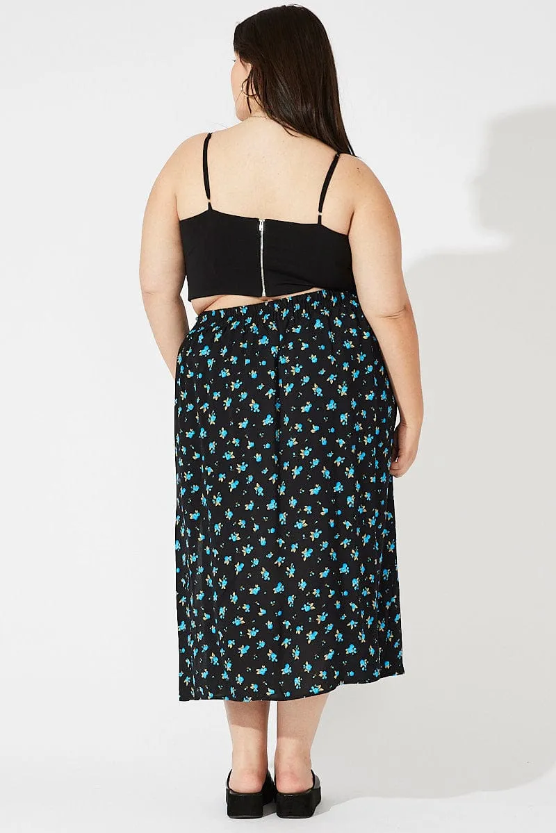 Black Ditsy Split Front Midi Skirt Ditsy Print Quiet Style