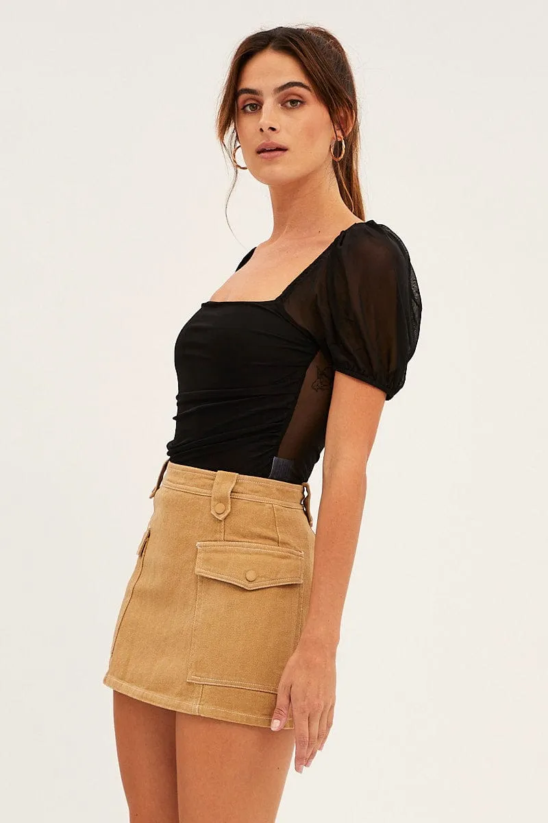Beige Cargo Skirt Mini High Rise Embroidered Detail
