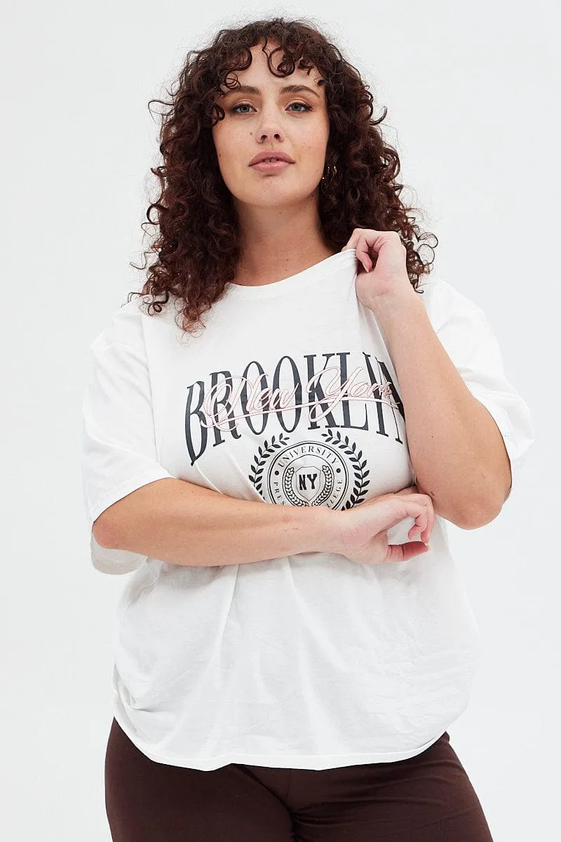White Graphic T-shirt Short Sleeve Crew Neck Outdoor Style Trend Reinforced Shoulder Seams