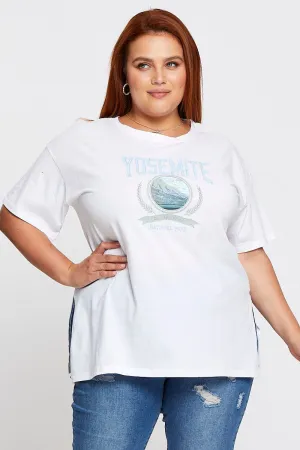 Multi Directional Stretch White Graphic T-shirt Yosemite Short Sleeve Cotton