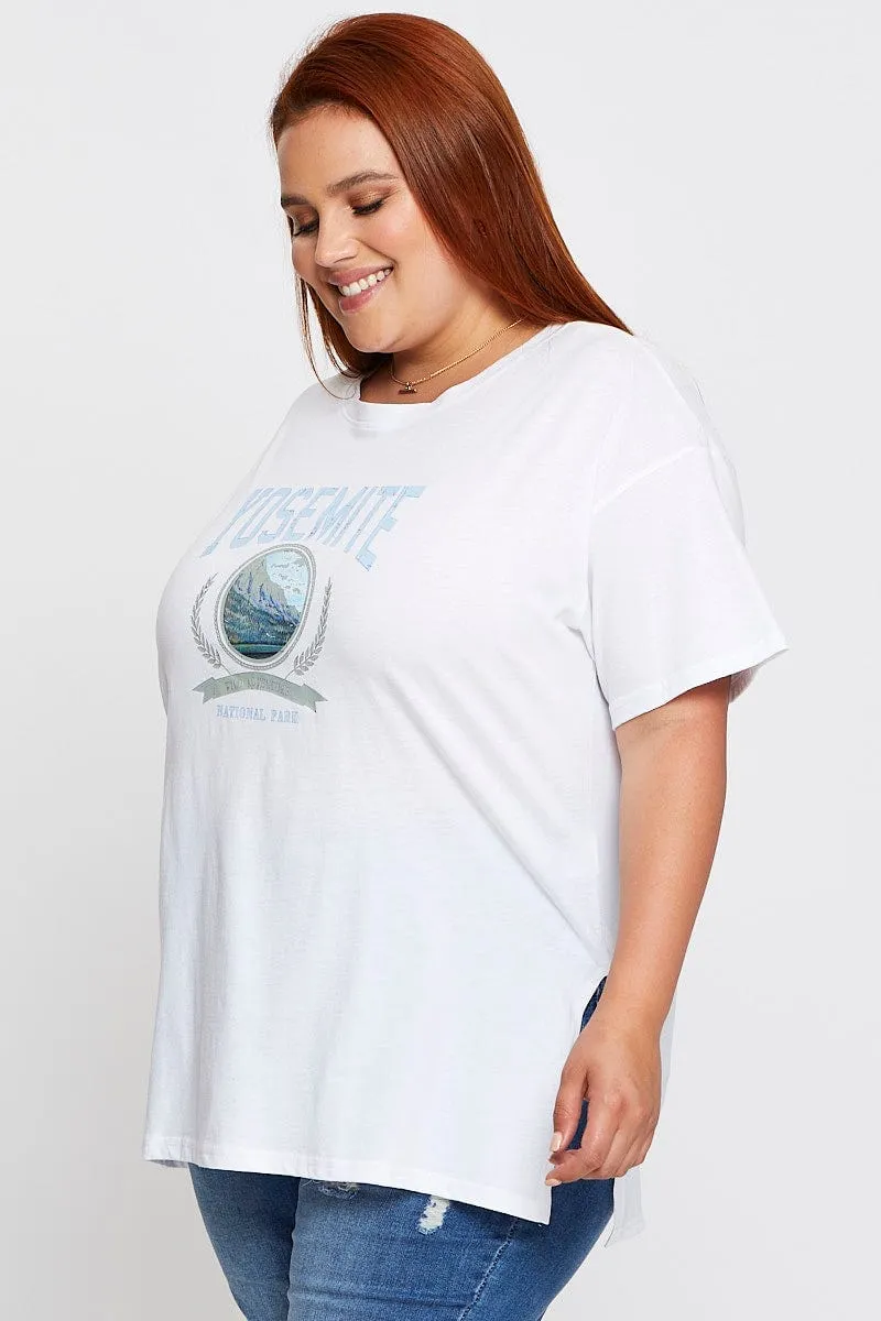 White Graphic T-shirt Yosemite Short Sleeve Cotton BioBased Fibers easygoing look